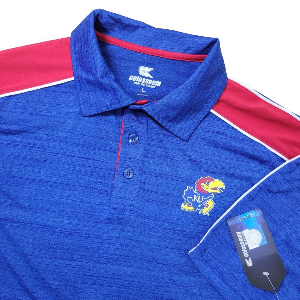 NWT Colosseum Kansas Jayhawks Mens Large Blue Red Performance Stretch Polo
